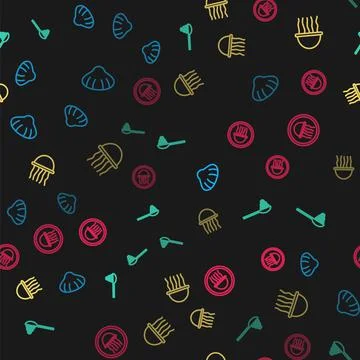 Set line Scallop sea shell, Caviar on spoon, Jellyfish and plate on seamless Stock Illustration
