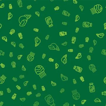 Set line Scallop sea shell, Jellyfish and Sea cucumber in jar on seamless Stock Illustration