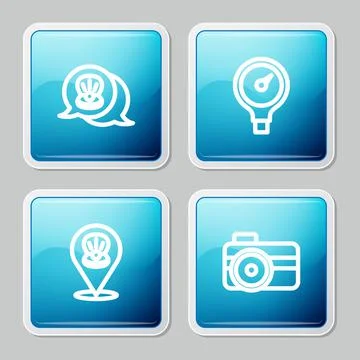 Set line Scallop sea shell, Gauge scale, and Photo camera for diver icon. Vector Illustrazione stock