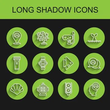 Set line Scallop sea shell, Aqualung, Gauge scale, Diving watch, and Fish icon Stock Illustration