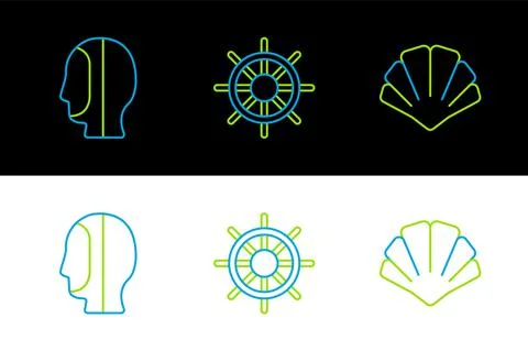 Set line Scallop sea shell, Diving hood and Ship steering wheel icon. Vector Stock Illustration