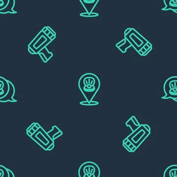 Set line Scallop sea shell, Flashlight for diver and on seamless pattern. Vector Stock Illustration