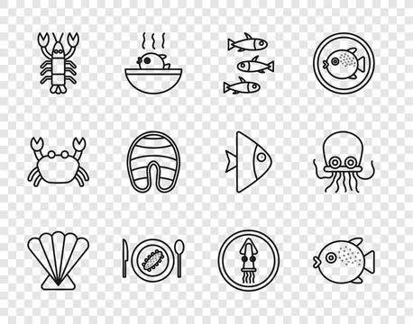 Set line Scallop sea shell, Puffer fish, Fishes, Served cucumber on plate Stock Illustration