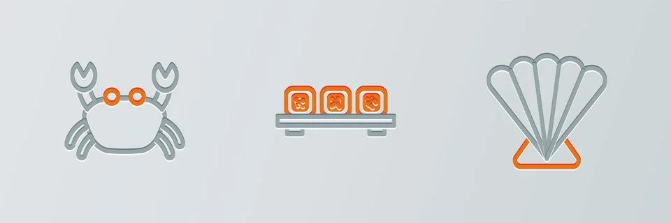 Set line Scallop sea shell, Crab and Sushi on cutting board icon. Vector Stock Illustration