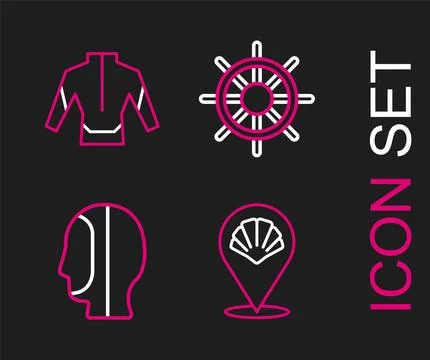 Set line Scallop sea shell, Diving hood, Ship steering wheel and Wetsuit icon Stock Illustration