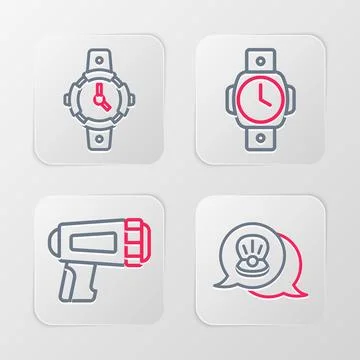 Set line Scallop sea shell, Flashlight for diver, Diving watch and icon. Vector Stock Illustration