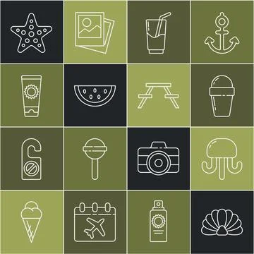 Set line Scallop sea shell, Jellyfish, Ice cream in waffle cone, Cocktail and Stock Illustration