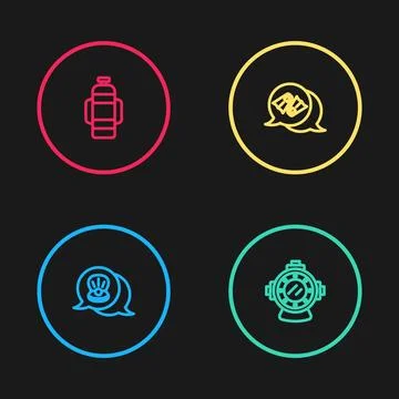 Set line Scallop sea shell, Aqualung, Flippers for swimming and icon. Vector Stock Illustration