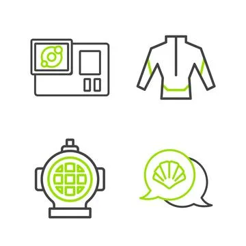 Set line Scallop sea shell, Aqualung, Wetsuit and Action camera icon. Vector Illustrazione stock