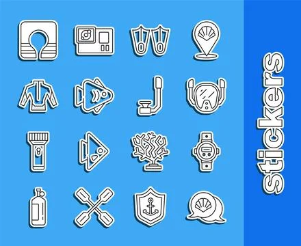 Set line Scallop sea shell, Diving watch, mask, Rubber flippers, Fish, Wets.. Stock Illustration