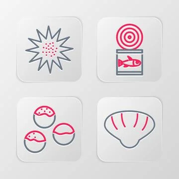 Set line Scallop sea shell, Takoyaki, Canned fish and Sea urchin icon. Vector Illustrazione stock