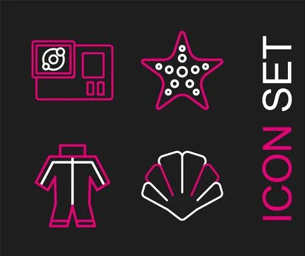 Set line Scallop sea shell, Wetsuit, Starfish and Action camera icon. Vector Stock Illustration