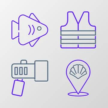 Set line Scallop sea shell, Flashlight, Life jacket and Fish icon. Vector Stock Illustration