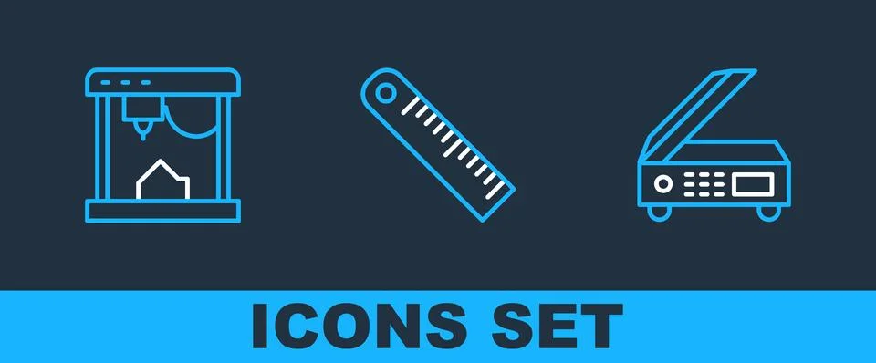 Set line Scanner, 3D printer and Ruler icon. Vector Illustrazione stock