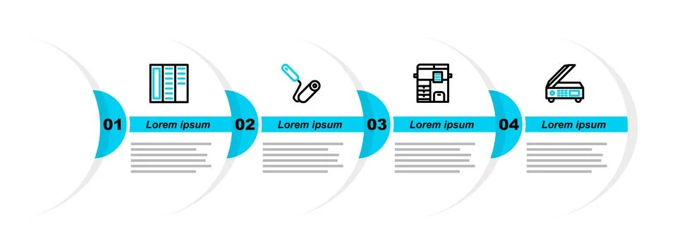 Set line Scanner, Copy machine, Paint roller brush and Brochure icon. Vector Stock Illustration