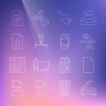 Set line Scanner, Empty document, Paper roll of printing press, Paint brush Stock Illustration