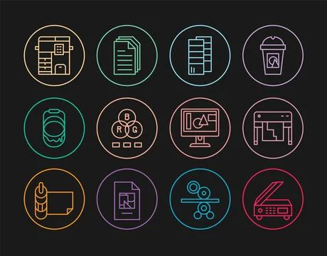 Set line Scanner, Plotter, Pantone, RGB color mixing, Paint bucket, Copy machine Ilustración de archivo