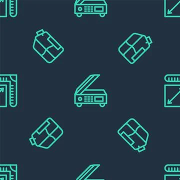 Set line Scanner, Printer ink bottle and Paper size on seamless pattern. Vector Stock Illustration