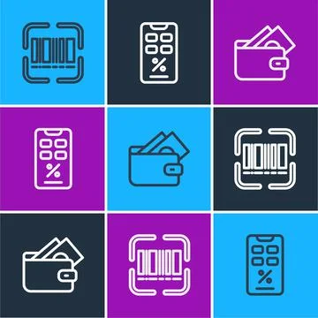 Set line Scanner scanning bar code, Wallet with money and Percent discount and Illustrazione stock