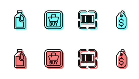 Set line Scanner scanning bar code, Bottle for cleaning agent, Buy button and Stock-Illustration