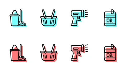Set line Scanner scanning bar code, Mop and bucket, Shopping basket and Bottle Stock Illustration