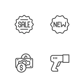 Set line Scanner scanning bar code, Stacks paper money cash, Price tag with Sale Stock-Illustration