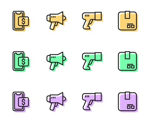 Set line Scanner scanning bar code, Mobile shopping, Megaphone and Carton Stock Illustration