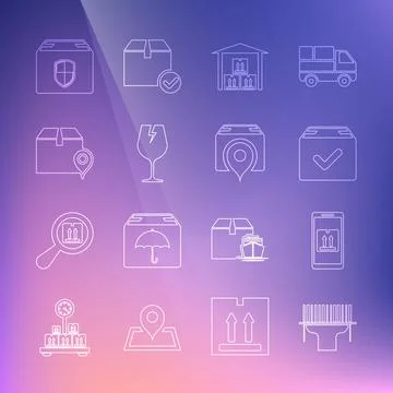 Set line Scanner scanning bar code, Mobile with app tracking, Package box check Illustrazione stock