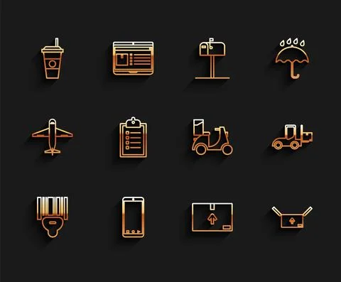 Set line Scanner scanning bar code, Mobile phone with app delivery tracking Illustrazione stock