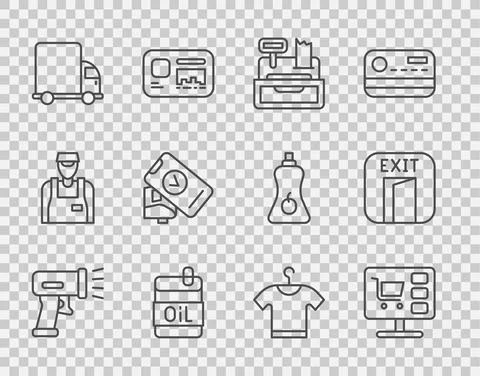 Set line Scanner scanning bar code, Shopping cart on computer, Cash register Stock Illustration