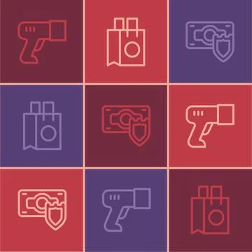 Set line Scanner scanning bar code, Money with shield and Paper shopping bag Illustrazione stock