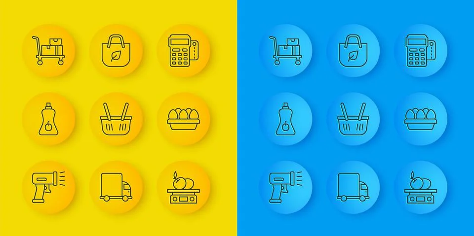 Set line Scanner scanning bar code, Sauce bottle, Shopping basket, Electronic イラスト素材