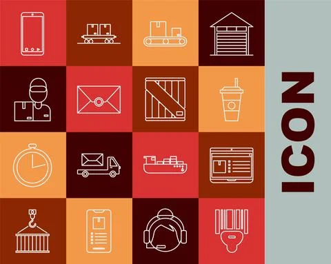 Set line Scanner scanning bar code, Laptop with app delivery tracking, Coffee Stock Illustration