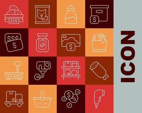 Set line Scanner scanning bar code, Salami sausage, Shopping bag and food, Spice イラスト素材