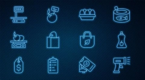 Set line Scanner scanning bar code, Sauce bottle, Chicken egg box, Paper bag Stock Illustration