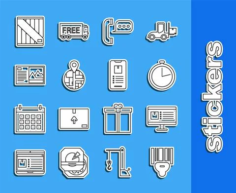 Set line Scanner scanning bar code, Computer monitor with app delivery tracking Stock Illustration