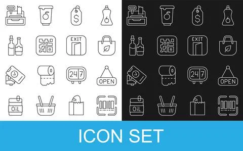 Set line Scanner scanning bar code, Hanging sign with Open, Shopping bag recycle Stockillustratie