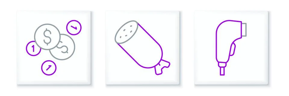 Set line Scanner scanning bar code, Coin money with dollar and Salami sausage 스톡 일러스트