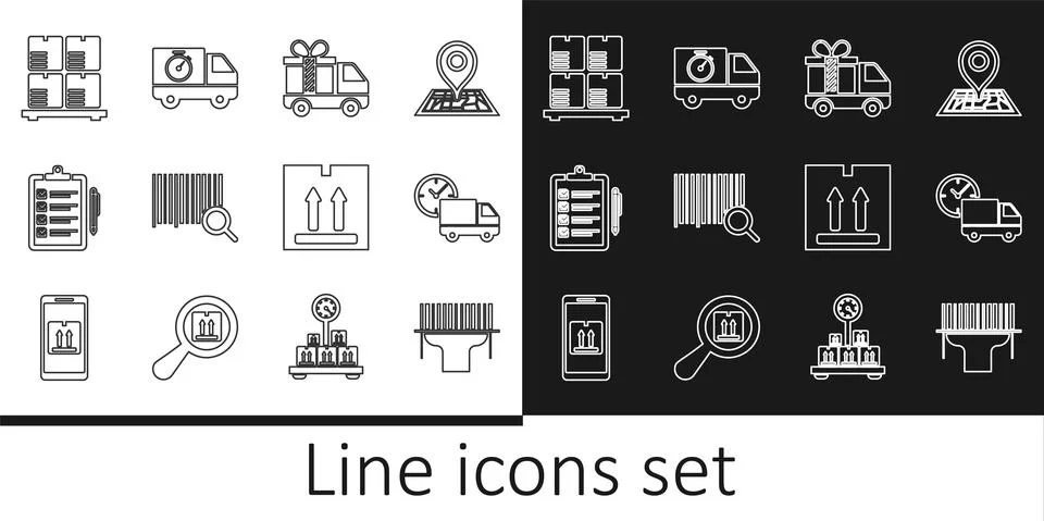 Set line Scanner scanning bar code, Delivery truck and clock, with gift, Search Stock Illustration