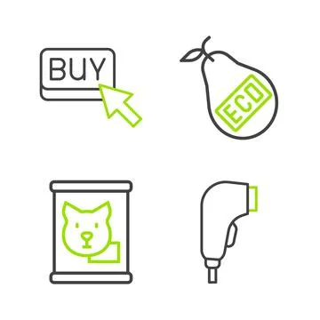 Set line Scanner scanning bar code, Canned food, Healthy organic pear and Buy Illustrazione stock
