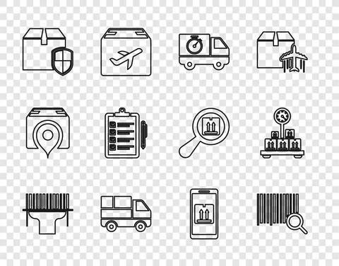 Set line Scanner scanning bar code, Search barcode, Delivery truck and stopwatch Stock-Illustration
