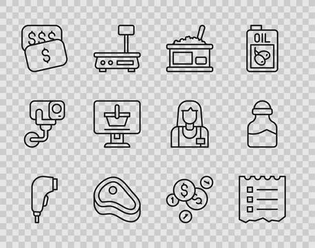 Set line Scanner scanning bar code, Shopping list, Tin with caviar, Steak meat 库存插图