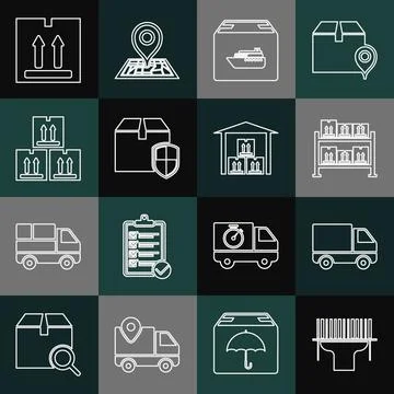 Set line Scanner scanning bar code, Delivery cargo truck vehicle, Warehouse Stock-Illustration