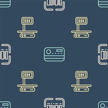 Set line Scanner scanning bar code, Electronic scales and Credit card on seam Stock-Illustration