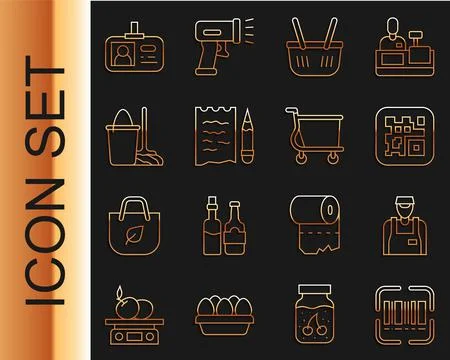 Set line Scanner scanning bar code, Seller, QR, Shopping basket, list and pen 스톡 일러스트