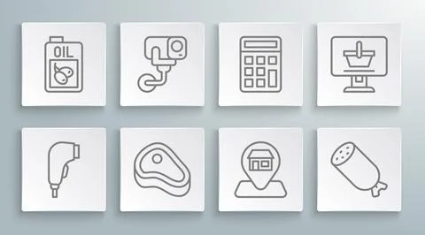 Set line Scanner scanning bar code, Security camera, Steak meat, Location Market Stockillustratie