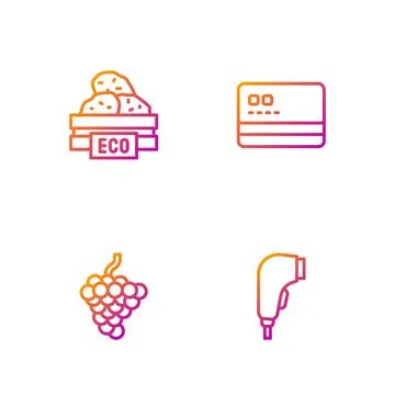 Set line Scanner scanning bar code, Grape fruit, Wooden box for fruits and Stock-Illustration