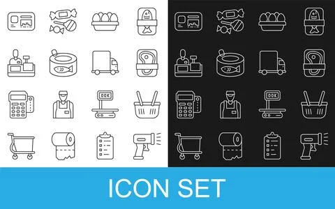 Set line Scanner scanning bar code, Shopping basket, Meat packaging steak Illustrazione stock