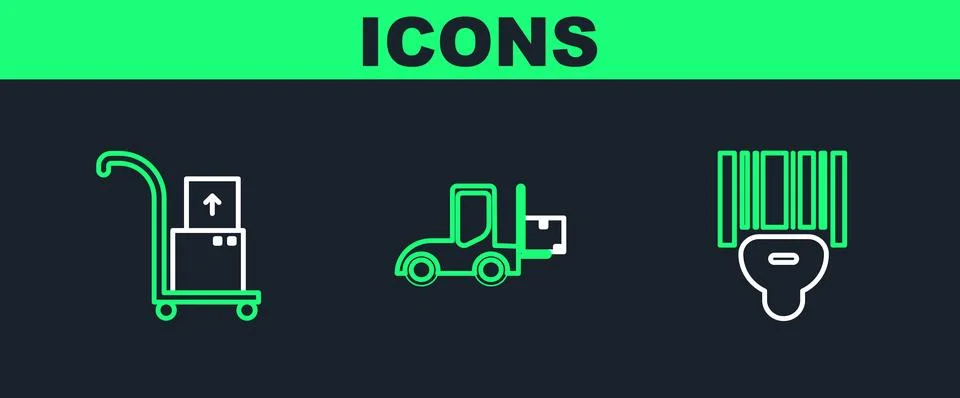 Set line Scanner scanning bar code, Hand truck and boxes and Forklift icon Stock-Illustration
