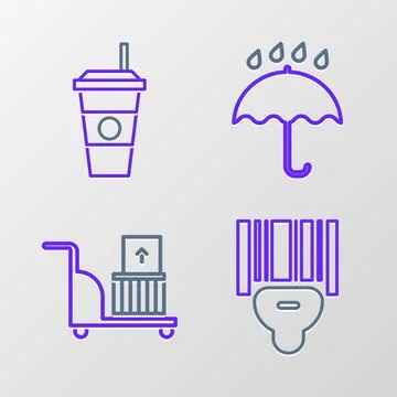 Set line Scanner scanning bar code, Electric hand truck and boxes, Umbrella rain Stock-Illustration